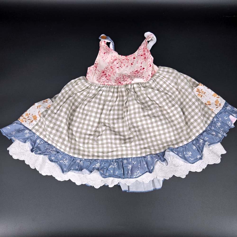 SweetHoney 2T Mixed Print Gingham Floral Pinafore Twirl Dress Eyelet Lace